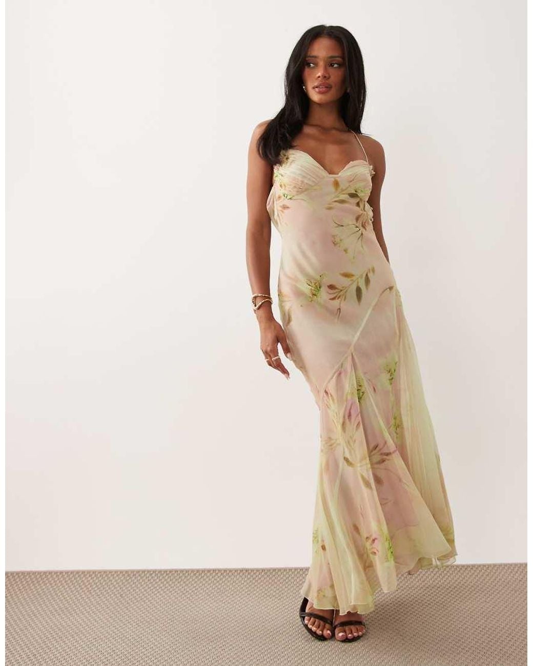ASOS Natural Floral Print Leaf Cami Strap Maxi Dress