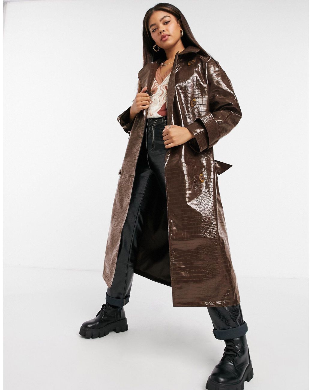 Black Croc Faux Leather Oversized Double Breasted Trench Coat