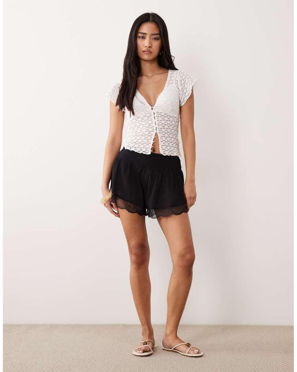 Miss Selfridge Black Beach Shorts With Lace Detail