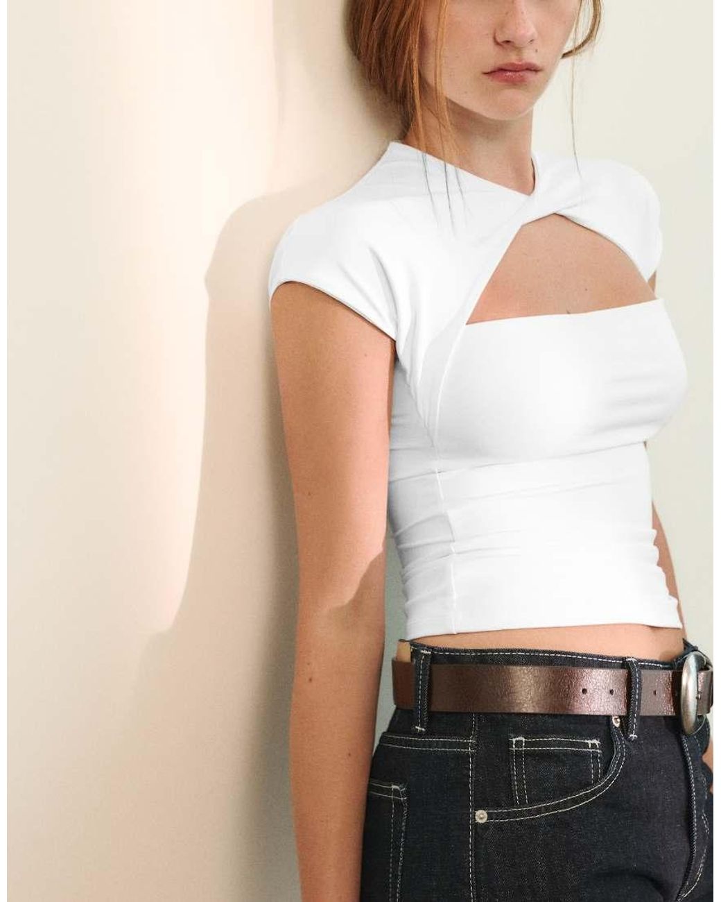 Pull&Bear Natural Knotted Neckline T-shirt
