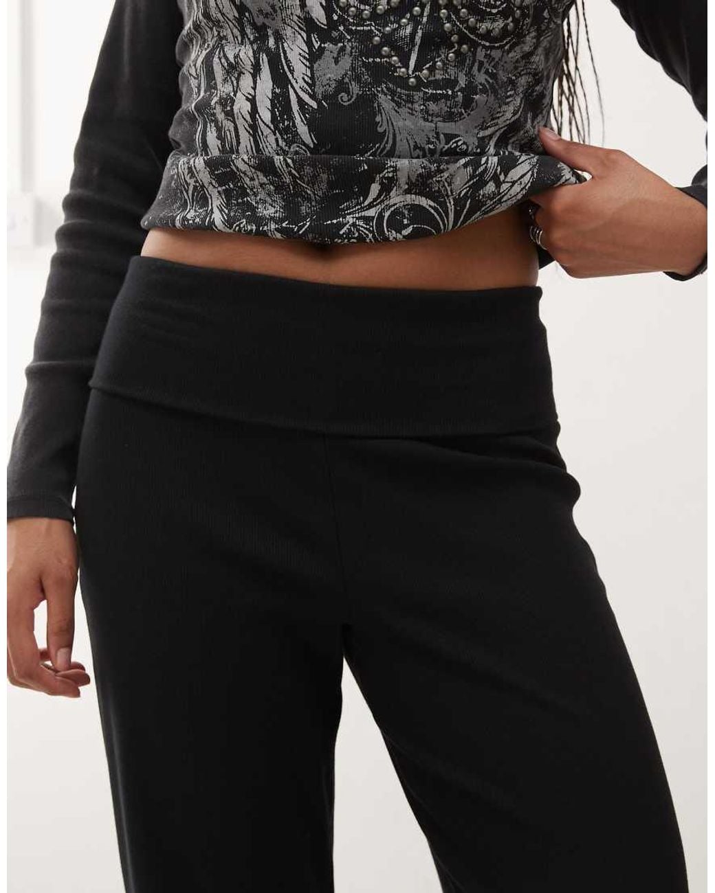Collusion Foldover Waist Ribbed Flare Yoga Pant in Black | Lyst UK