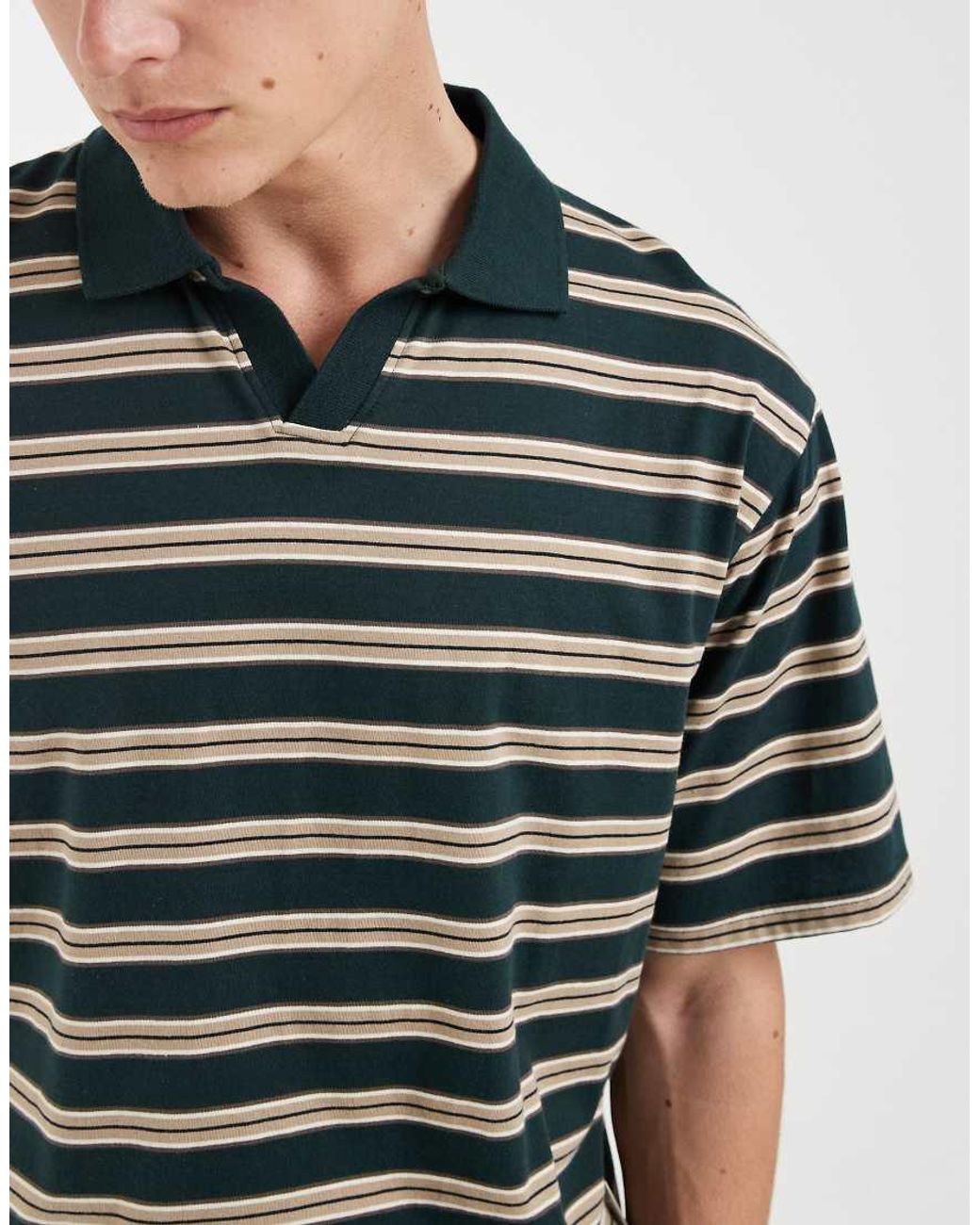 Redefined Rebel Green Boxy Oversized Striped Polo Shirt for men