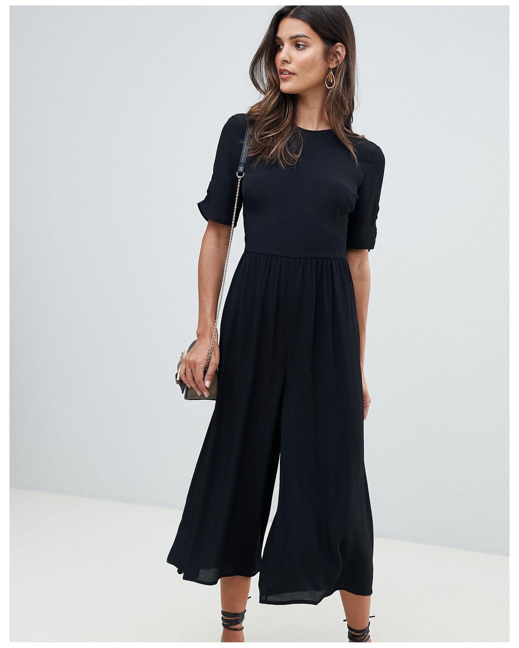 ASOS Synthetic Tea Jumpsuit With Ruched Sleeve Detail in Black | Lyst