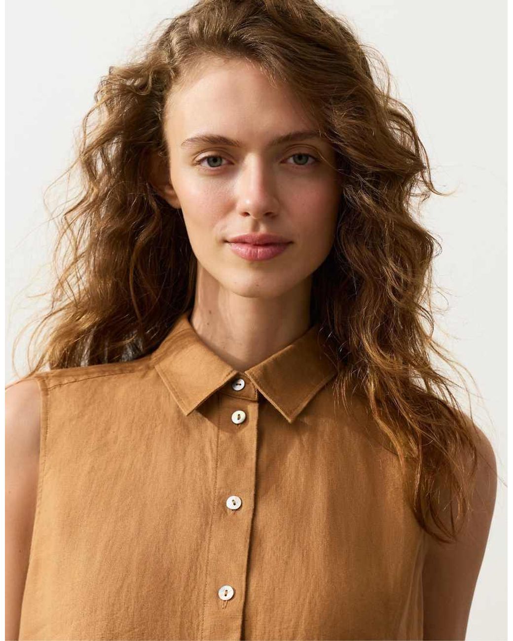 Oysho Brown 100% Linen Sleeveless Cropped Shirt