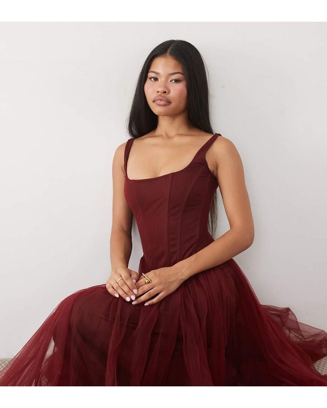 LACE & BEADS Red Tulle Drop Hem Corset Maxi Gown