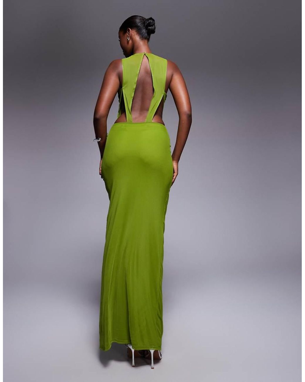 ASOS Green Strappy Back Ruched Mesh Maxi Dress