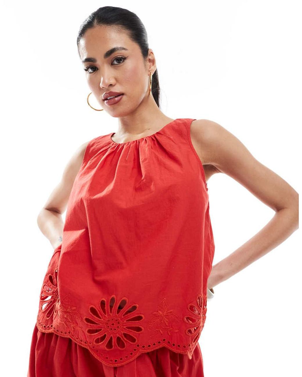 New Look Red Co-ord Broderie Hem Vest