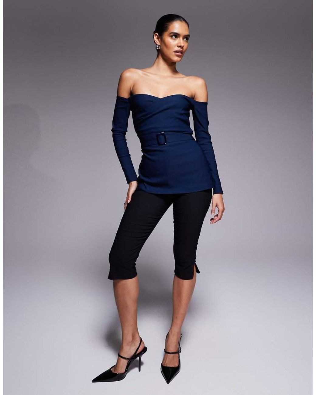 Vesper Blue Bardot Long Sleeve Top With Belt