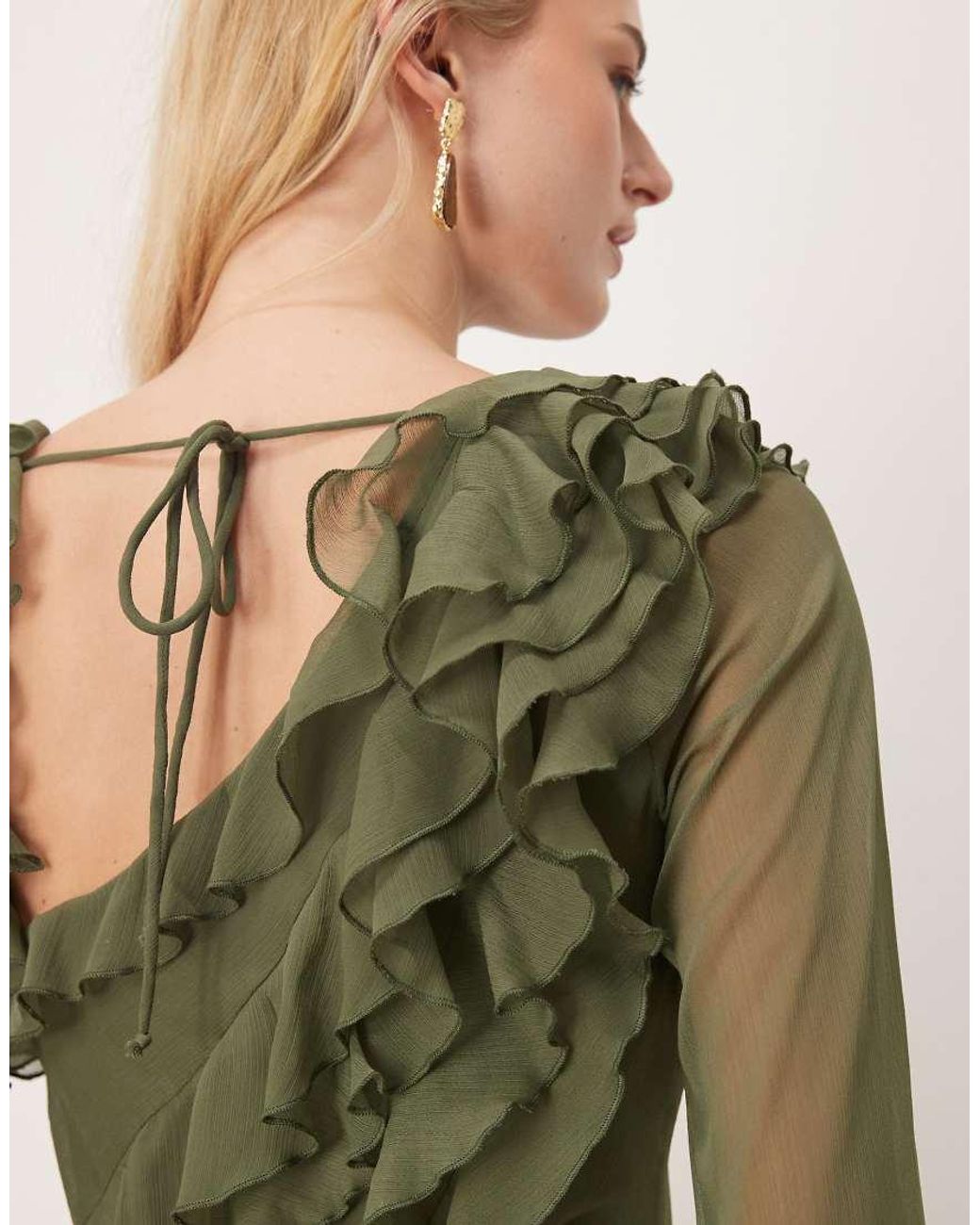 ASOS Green Asos Design Tall Chiffon Long Sleeve Asymmetric Tiered Soft Ruffle Maxi Dress