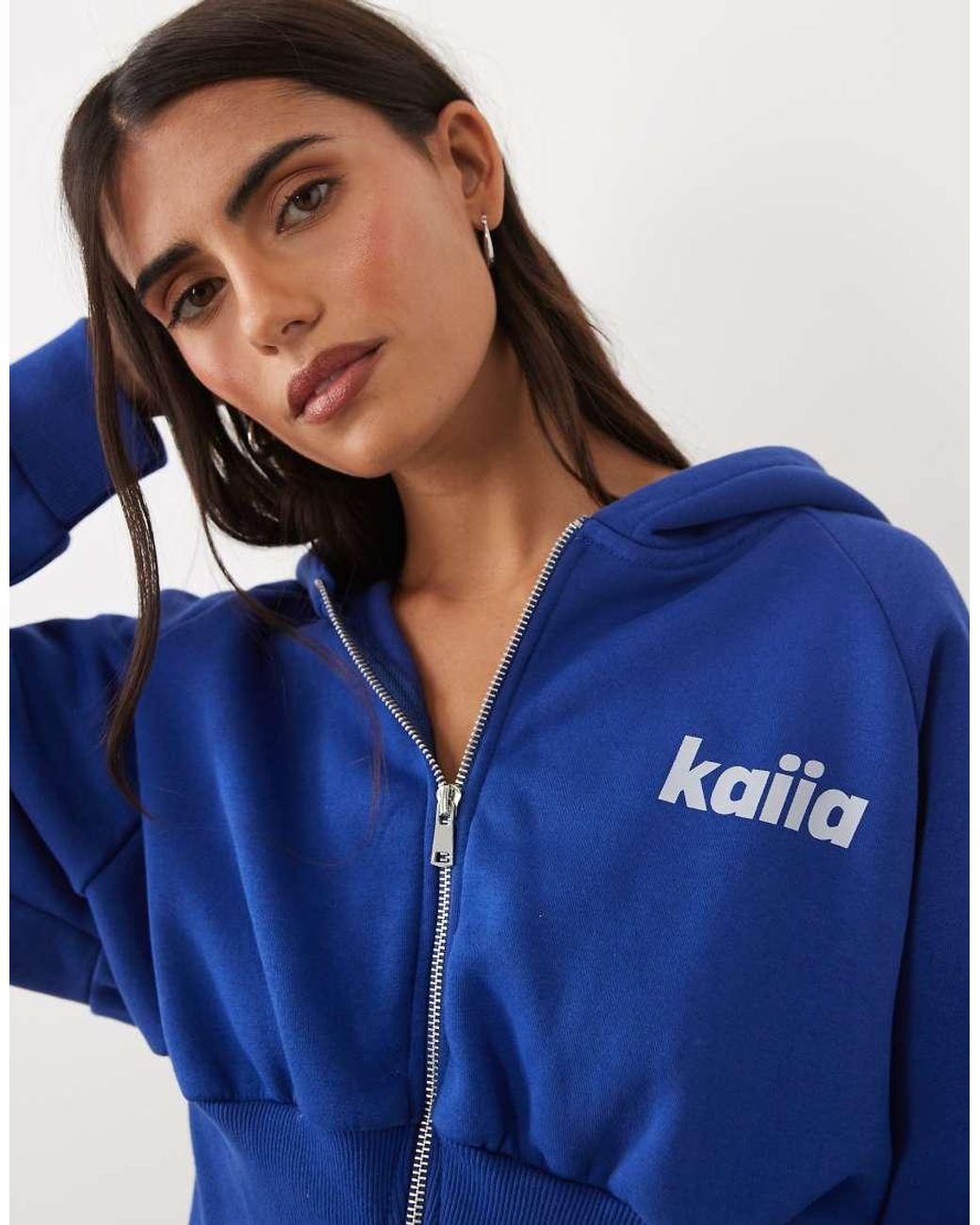 Kaiia Blue Cotton Rich Extreme Sleeve Cinched Waist Zip Through Hoodie Set