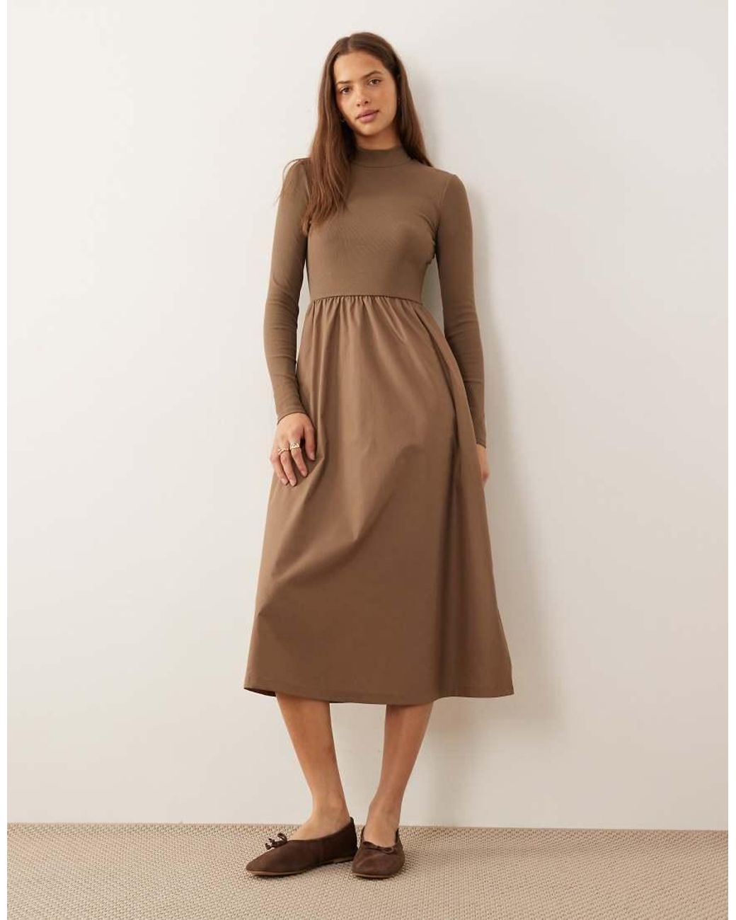 Threadbare Natural High Neck Jersey Poplin Mix Midi Dress