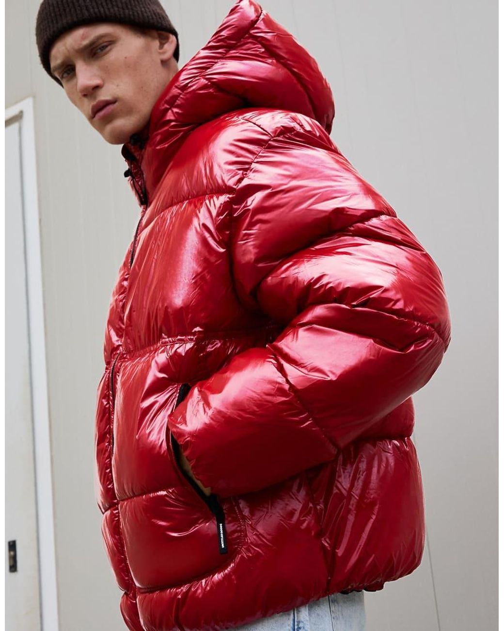 Bershka Red Hooded Puffer Jacket for men