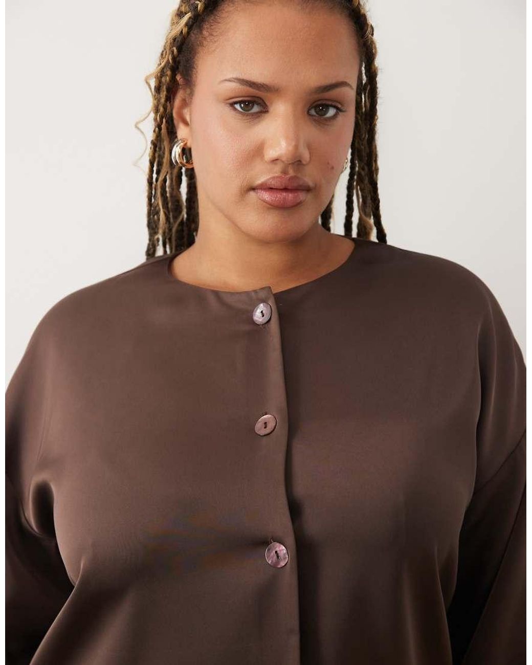 Pretty Lavish Curve Brown Breya Satin Button Through Deep Cuff Blouse Co-Ord