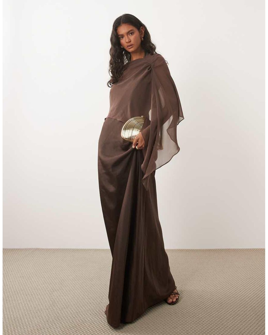 six stories brown dress Bridesmaid Satin Square Neck Chiffon Cape Detail Maxi in Satin maxi dress