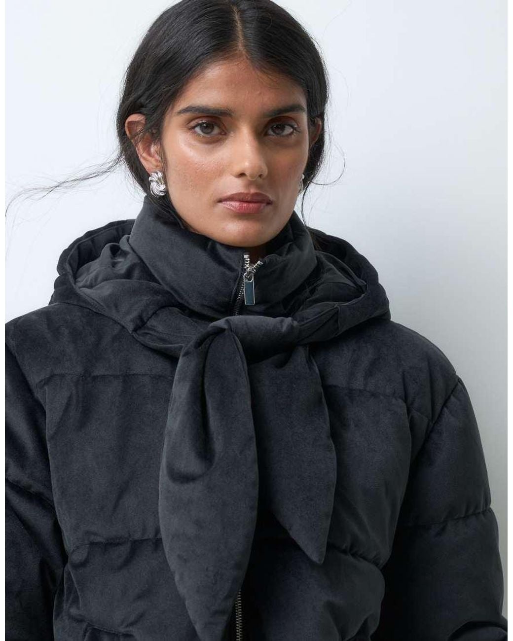 Miss Selfridge Blue Velvet Tie Neck Puffer Coat