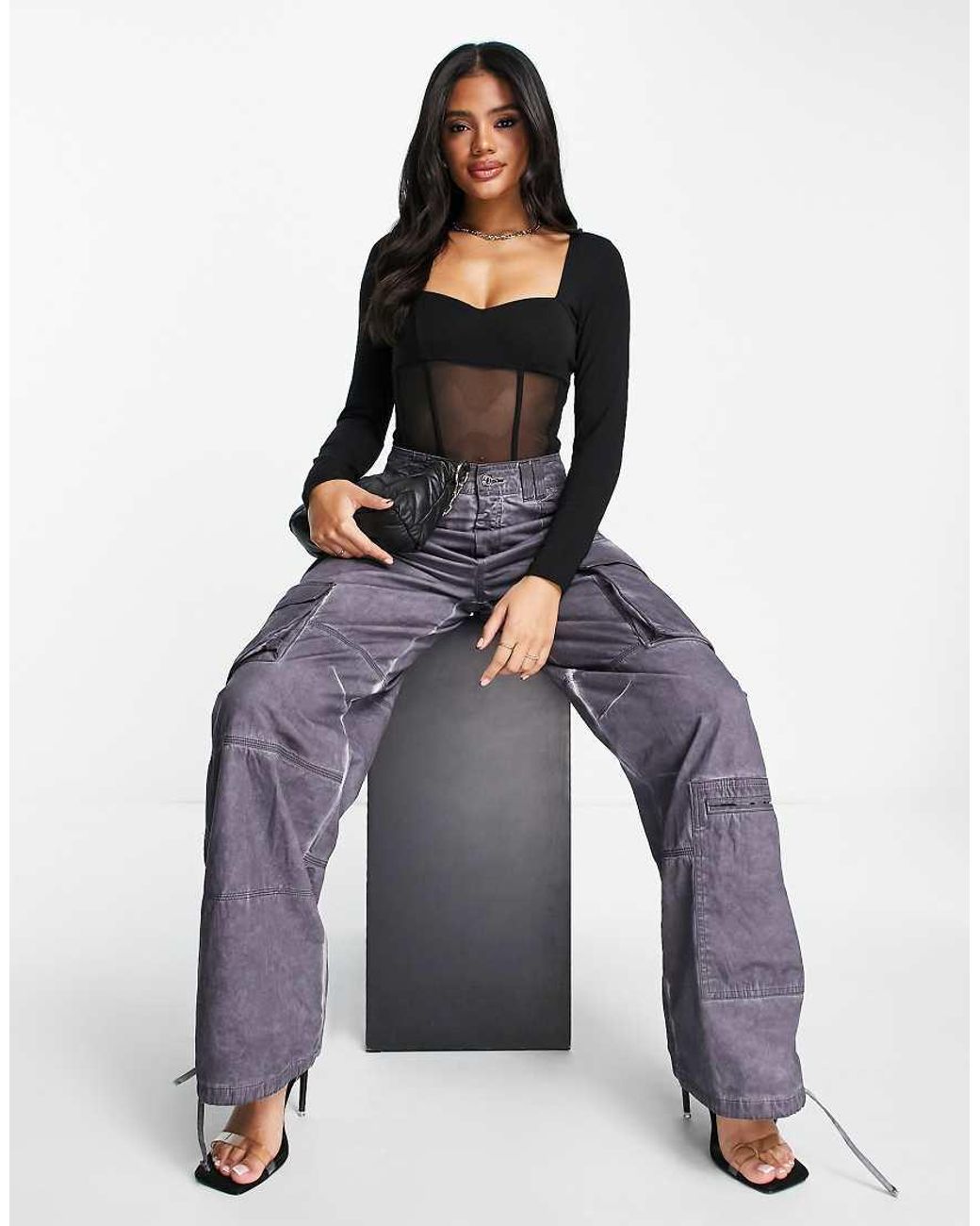ASOS Black Corset Style Sweetheart Neck Mesh Bodysuit