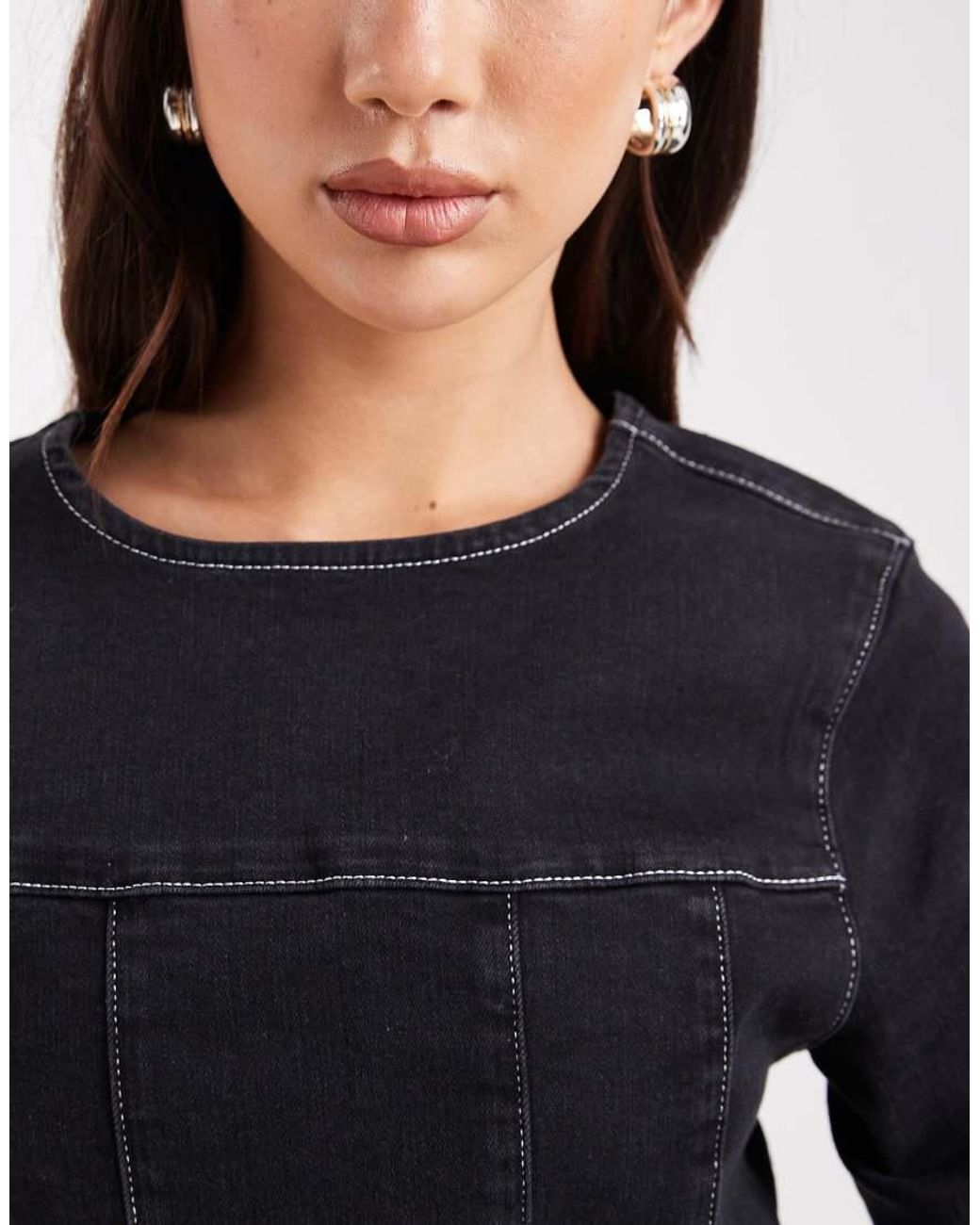 ASOS Black Cinched Waist Structured Denim Mini Dress With Long Sleeve