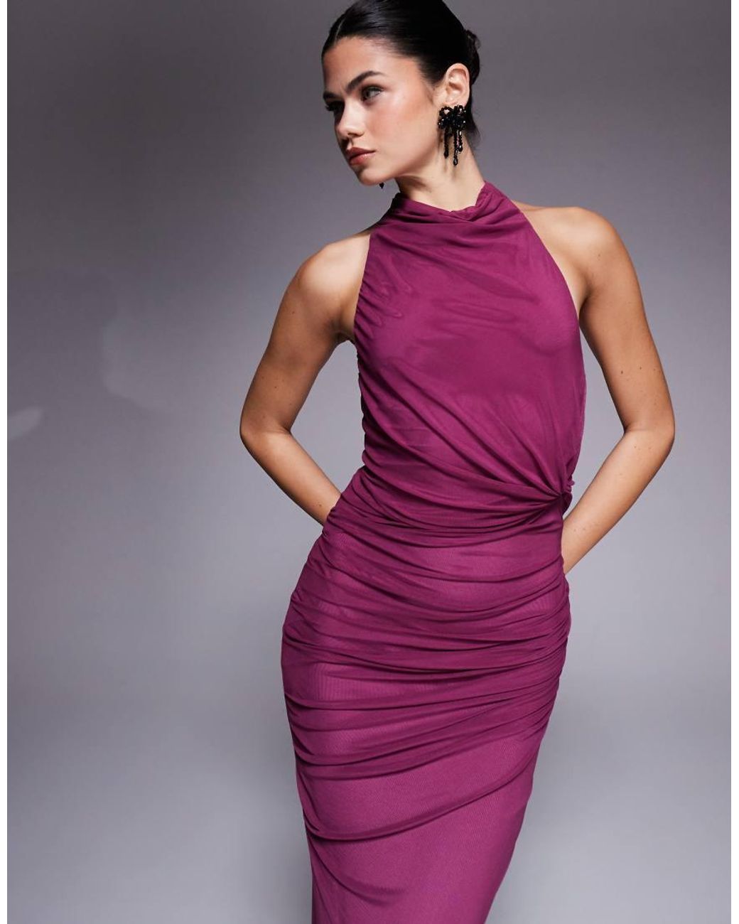 ASOS Purple Twisted Bust Detail Mesh Maxi Dress With Tie Back Halter Neck