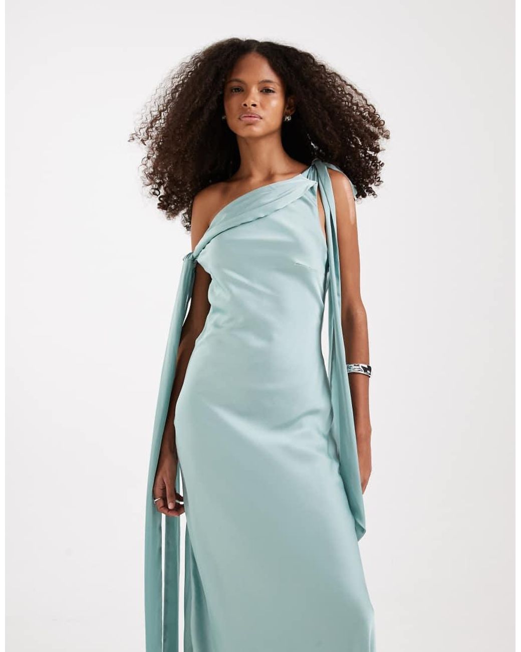 TFNC London Blue Bridesmaids Fallen Shoulder Satin Maxi Dress