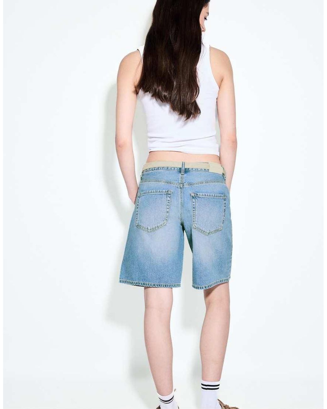 Stradivarius Blue Belted Denim Bermuda Shorts
