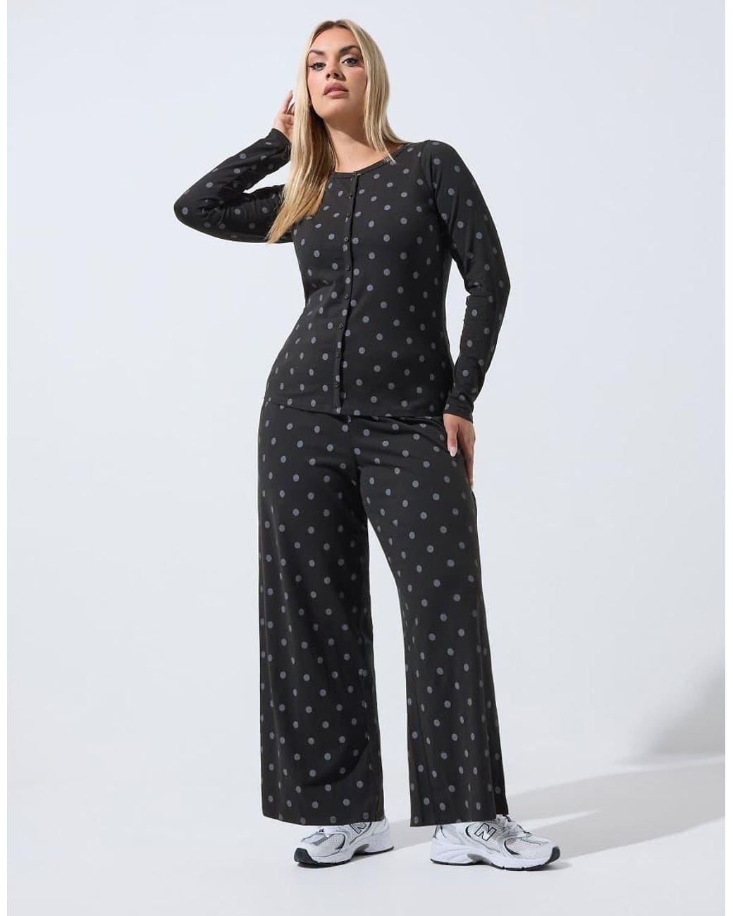 Yours Clothing Blue Polka Dot Long Sleeve Button Top