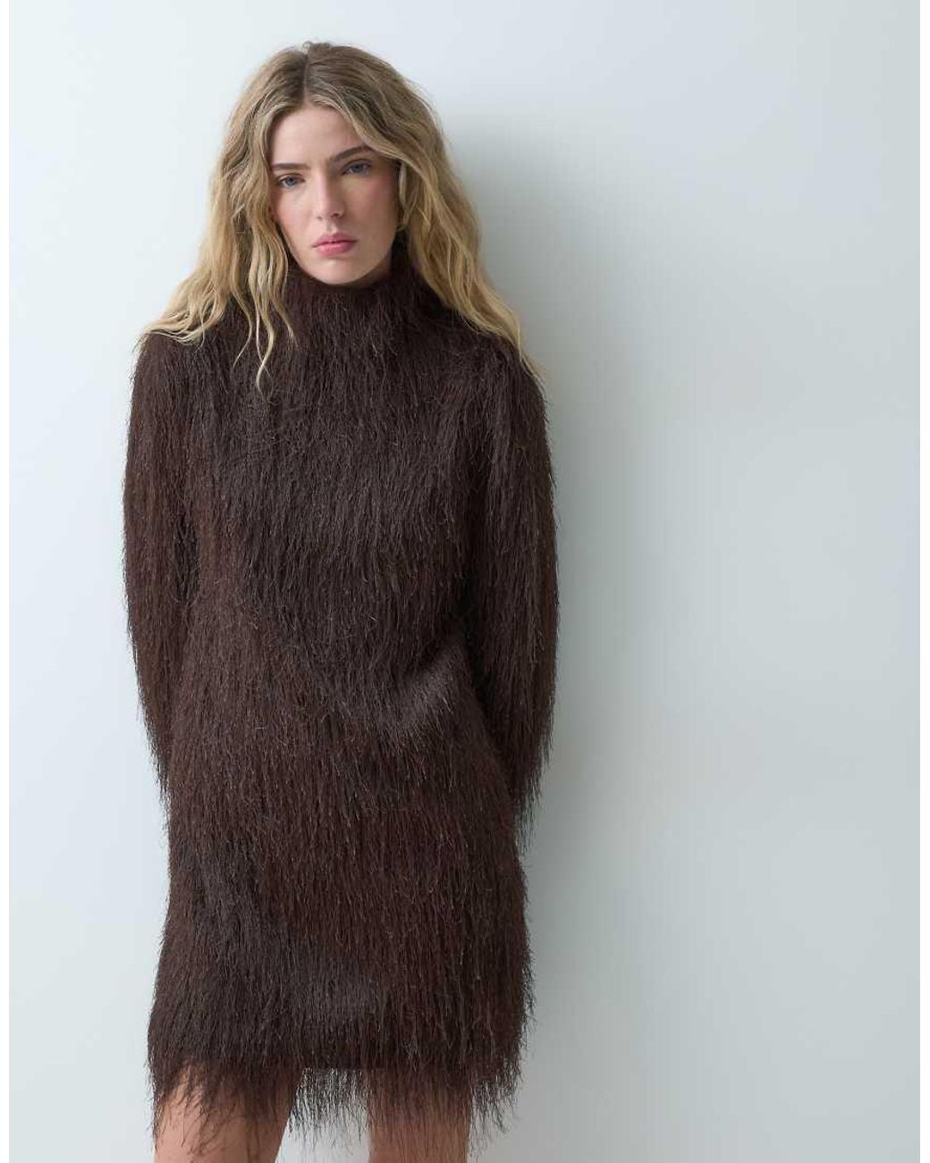ASOS Brown Fluffy Long Sleeve Funnel Mini Dress