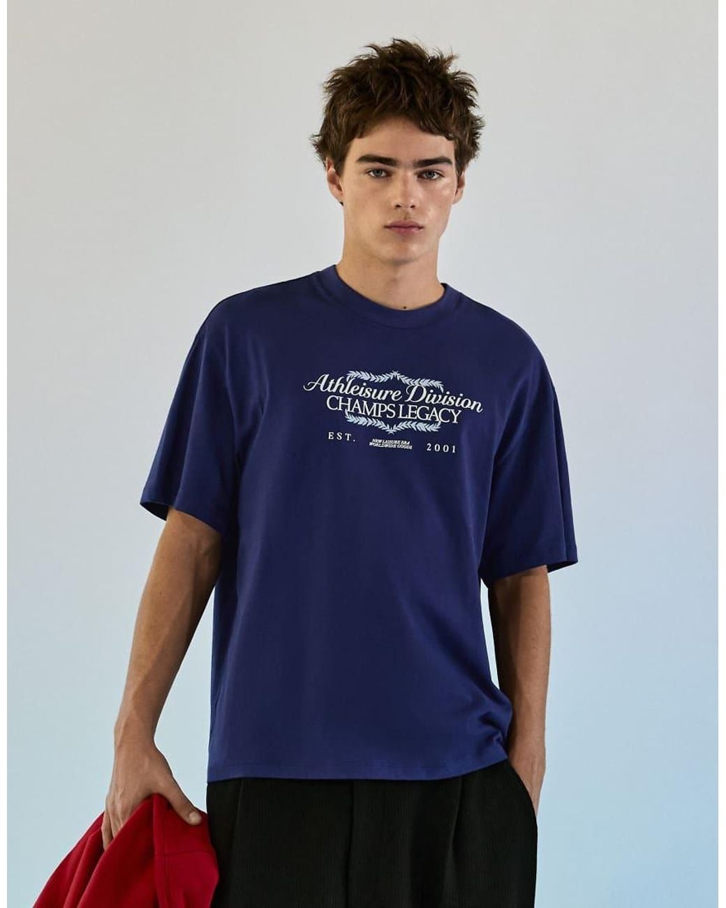 Bershka Blue Short Sleeve Relaxed Print T-shirt for men