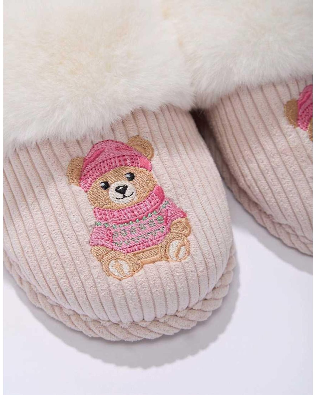 Boux Avenue Pink Cosy Soft Teddy Embroidered Fluffy Mule Slippers