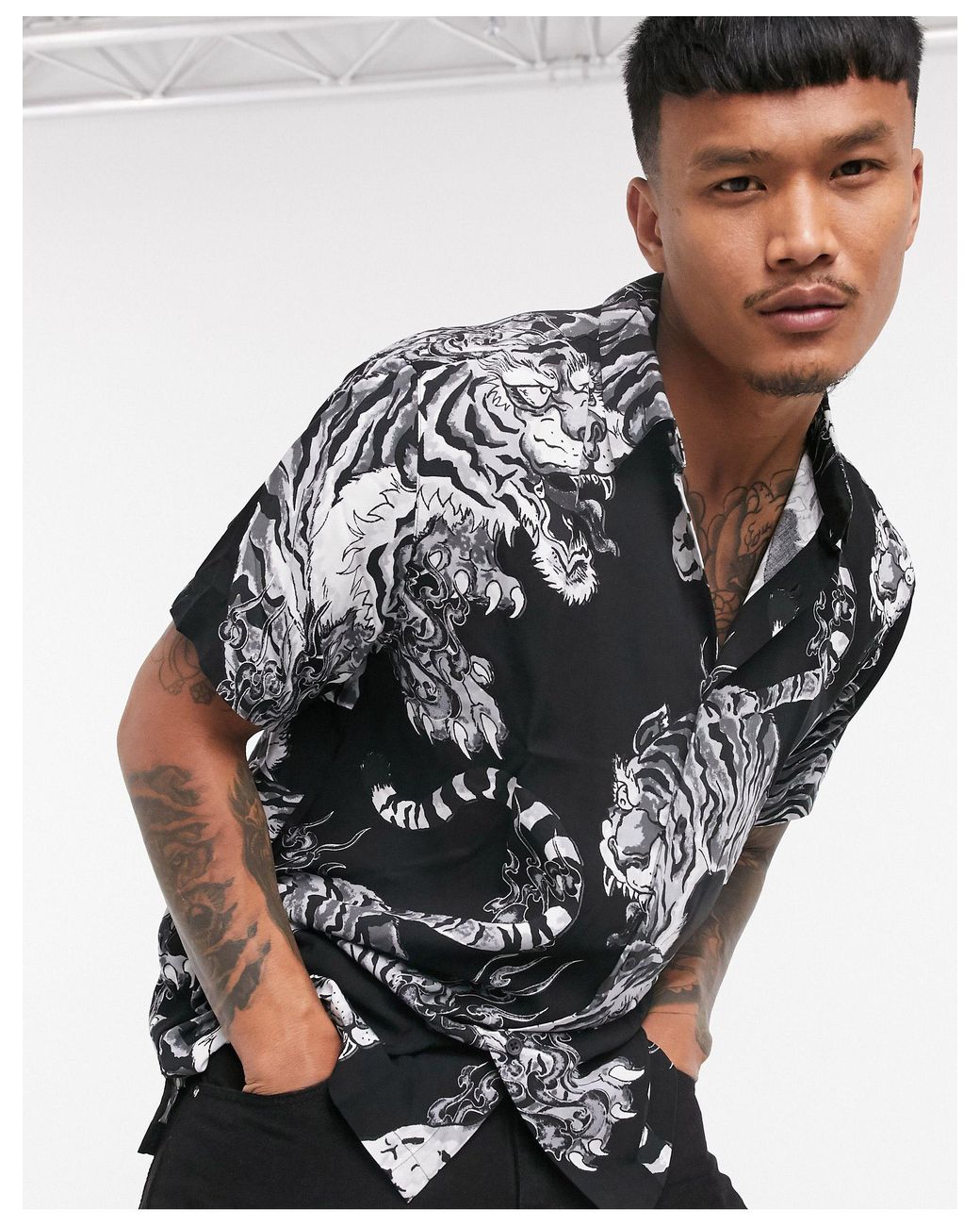 Chemise à imprimé tigres Bershka pour homme en coloris Noir | Lyst
