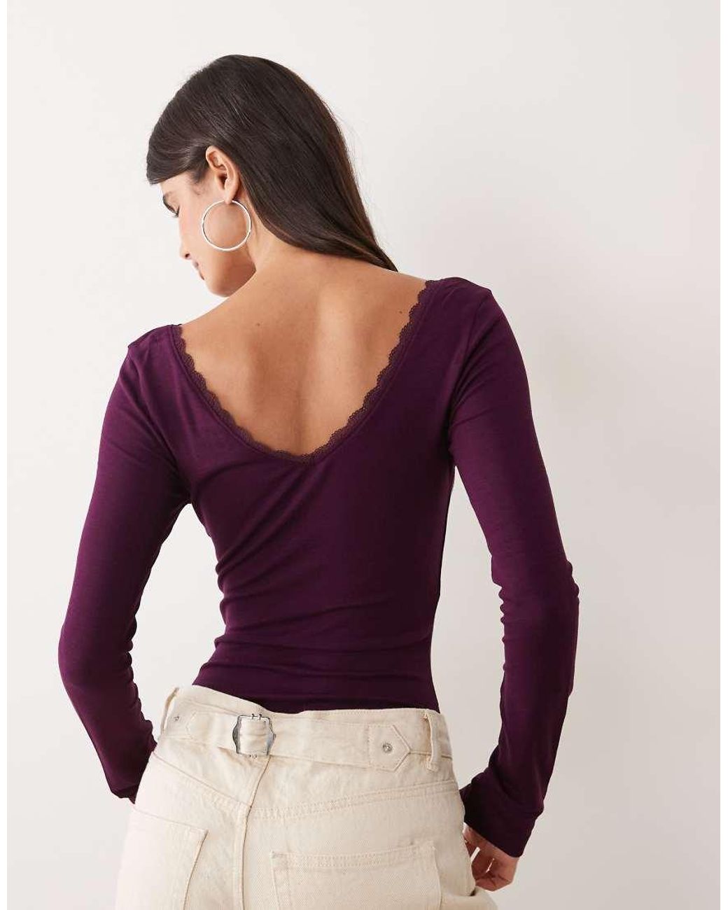 Miss Selfridge Purple Ruched V Neck Bodysuit With Lace Trim