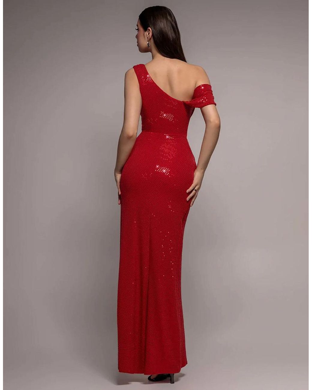Goddiva Red Cowl Neck Sequin Glitter Draped Maxi Dress