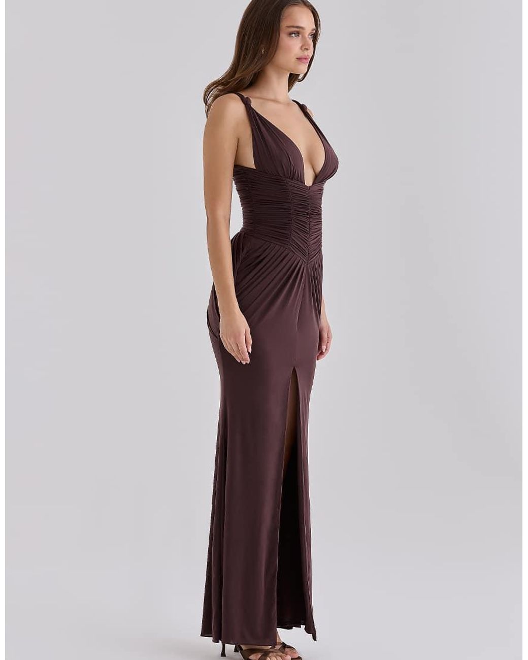House Of Cb Brown Tabitha Cherry Liquid-Soft Jersey Plunge Maxi Dress