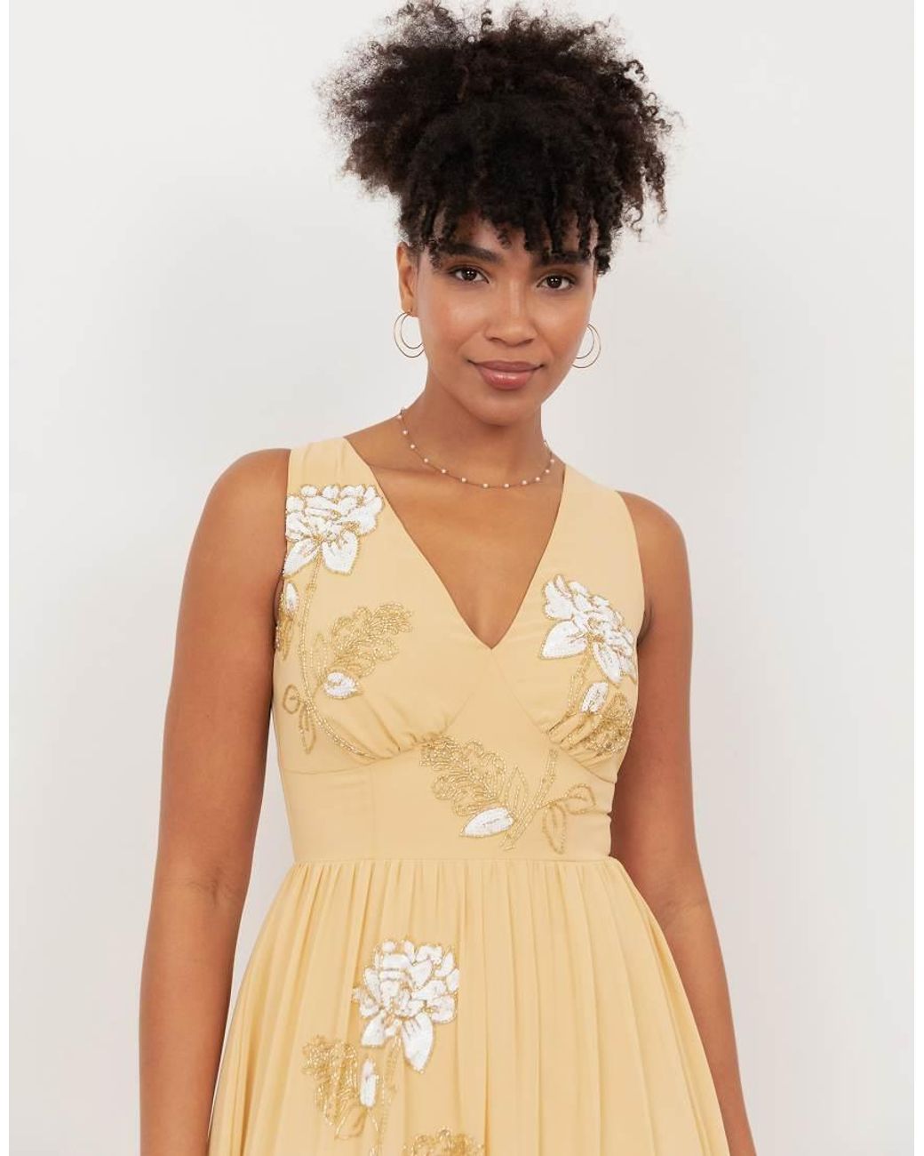 Maya Natural Floral Embellished V Neck Midaxi Dress