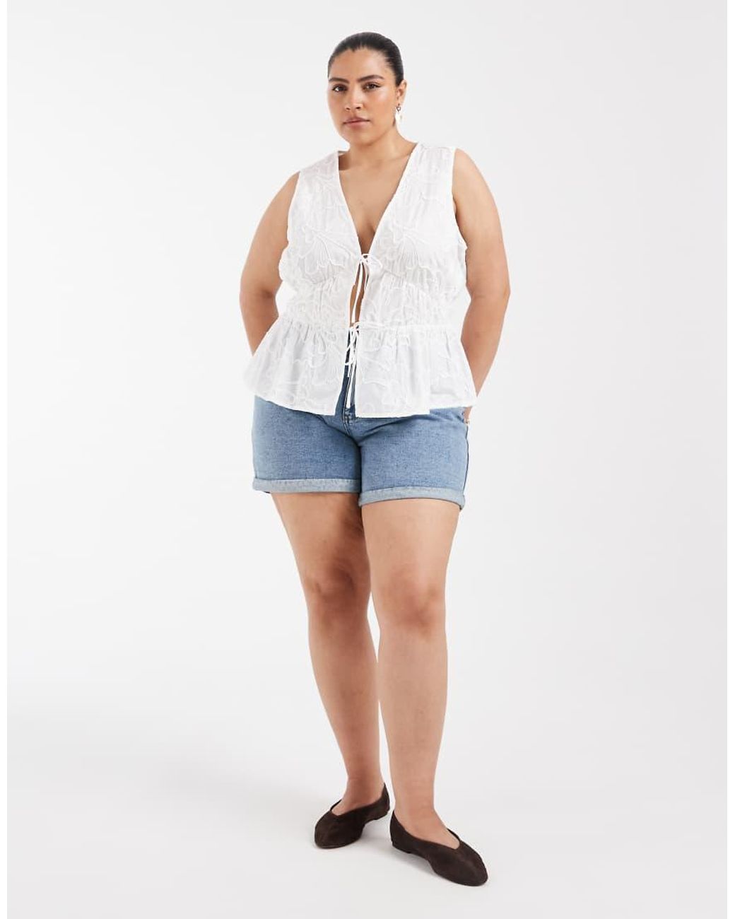 Vero Moda White Floral Embroidered Tie Front Peplum Hem Blouse