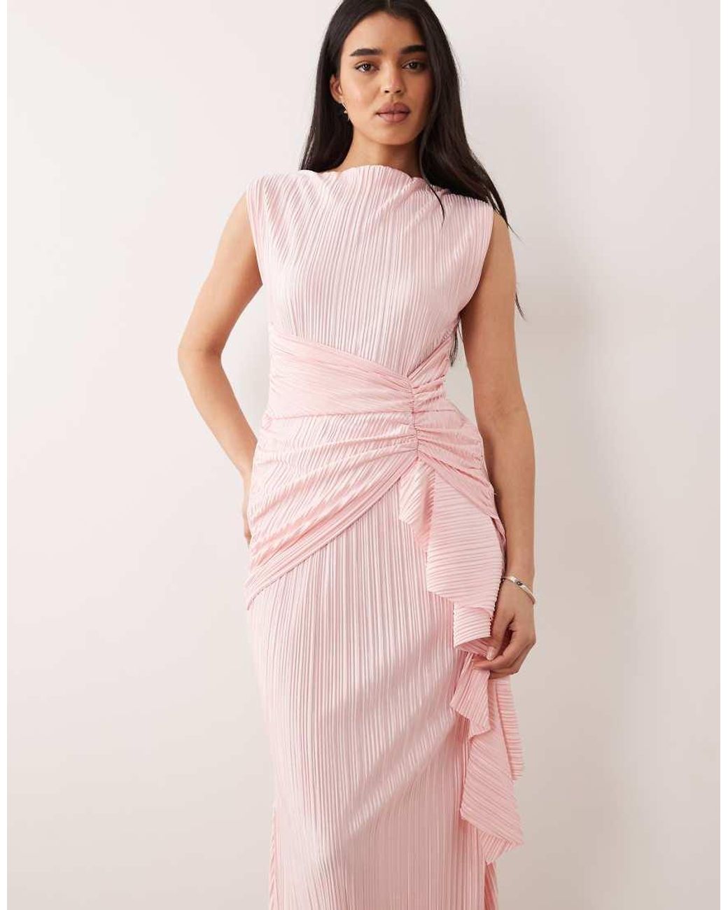 ASOS Pink Ruched Side Plisse Maxi Dress With Frill Detail