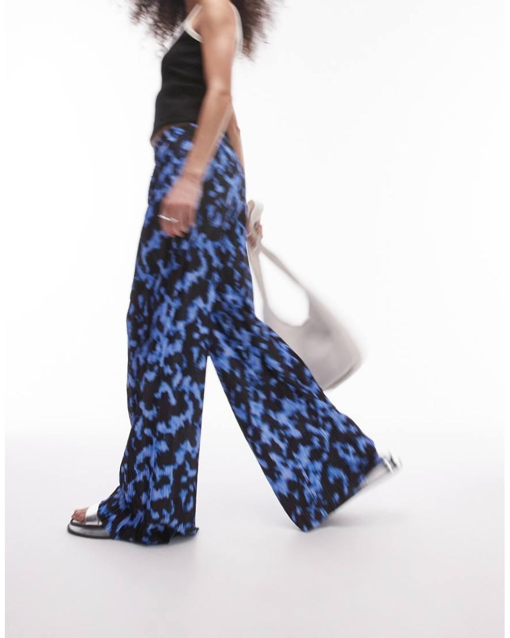 TOPSHOP Blurred Crinkle Plisse Wide Leg Trouser in Blue Lyst UK