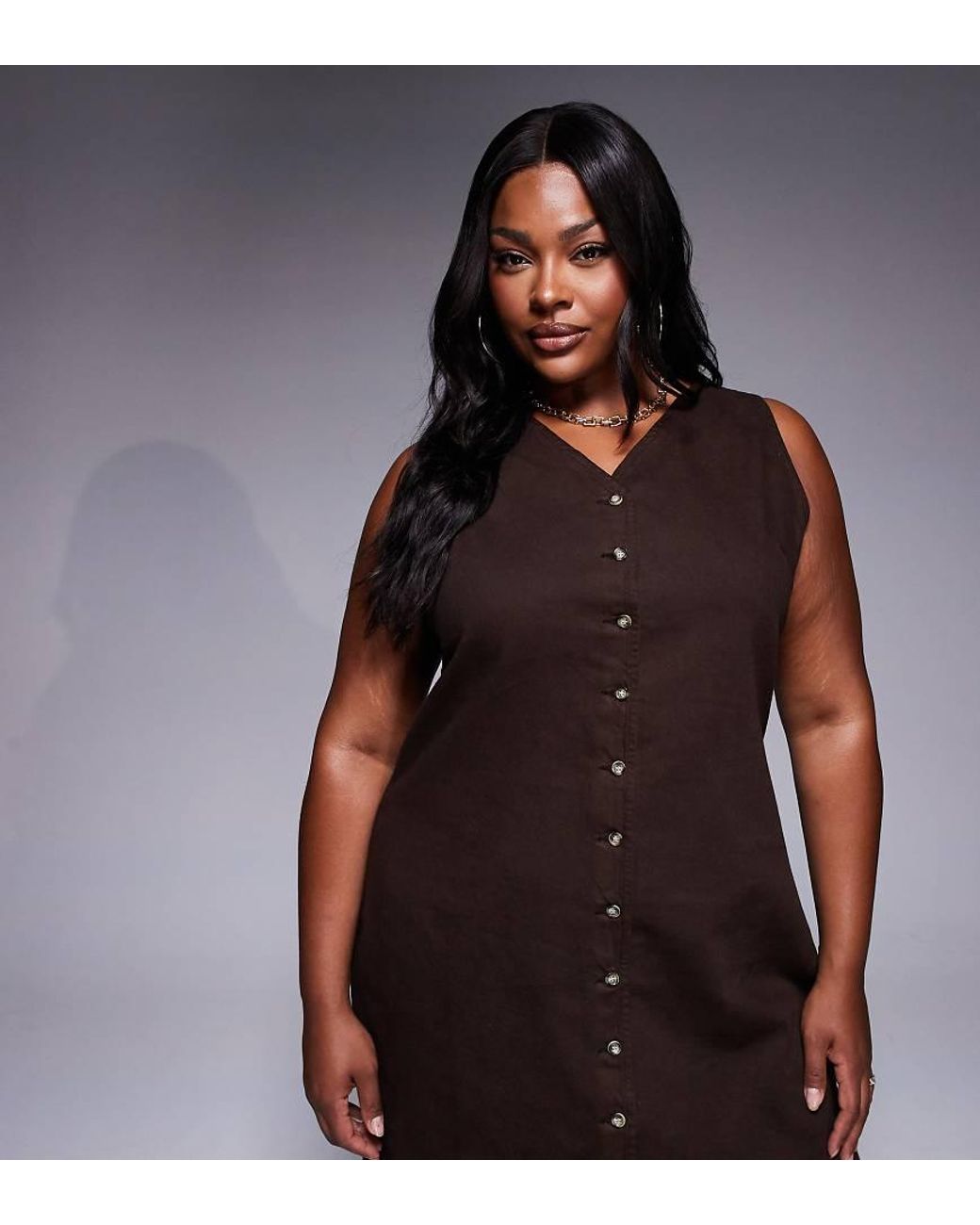 ASOS Brown Asos Design Curve Denim V Neck Dress With Button Through
