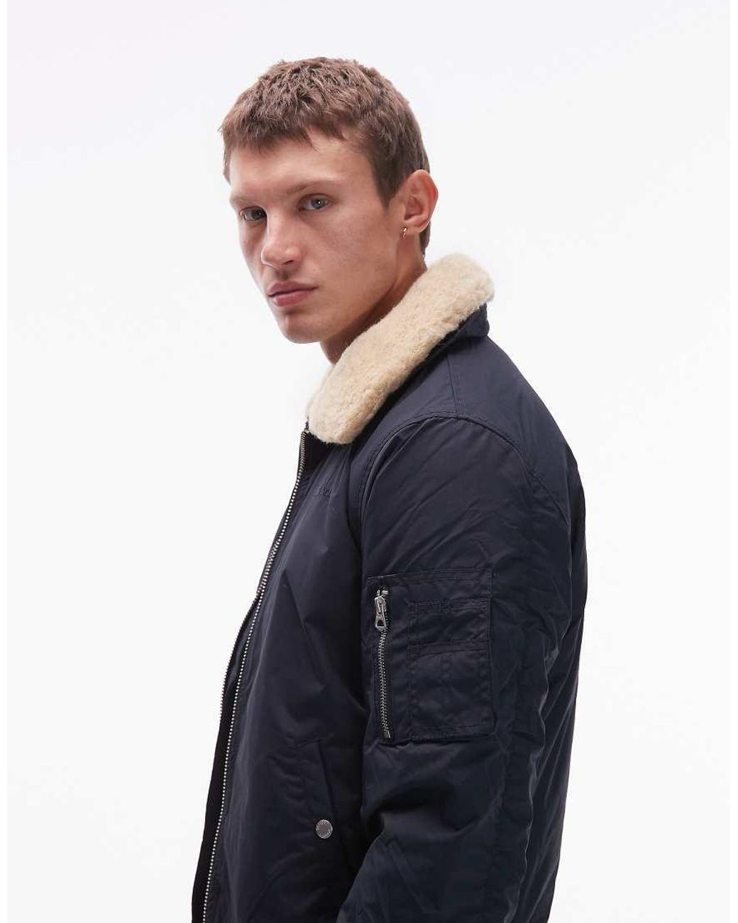 Schott Nyc Blue Logo Patch Zip Pocket Detail Cropped Padded Jacket With Faux Fur Collar for men