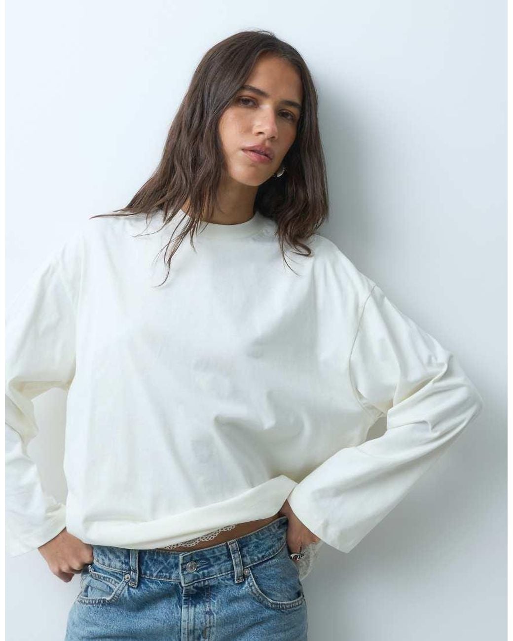 Miss Selfridge White Oversized Ls Tshirt With Lace Hem