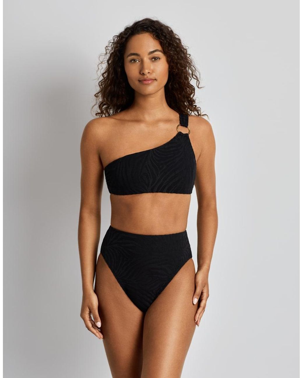 Ralph Lauren Black Zebra Jacquard Ring One Shoulder Bikini Top