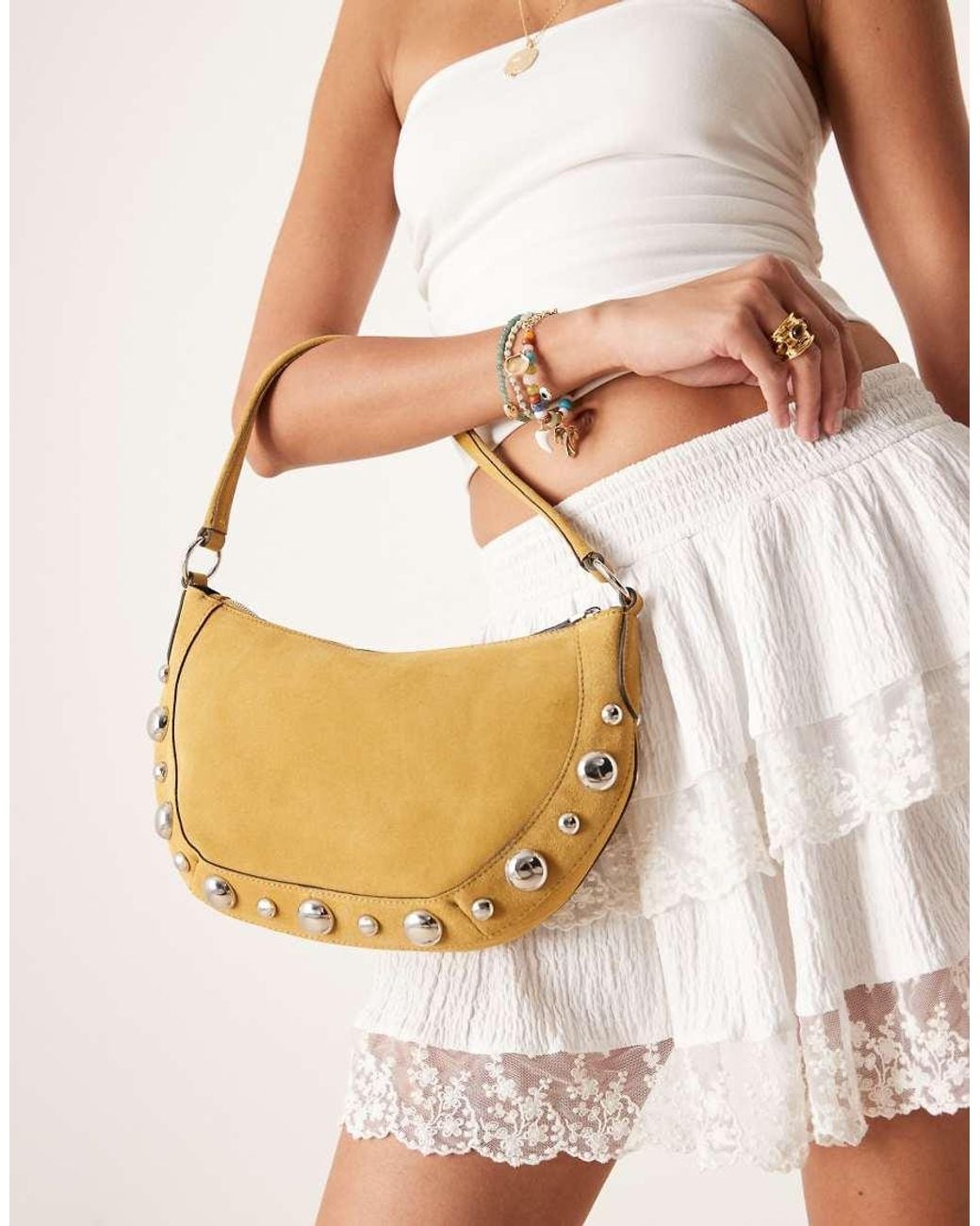 Mango Brown Studded Detail Leather Hand Bag With Fringe Trim