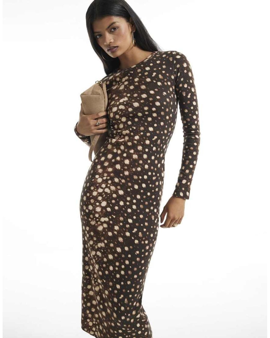 River Island Brown Rib Deer Print Midi Dress