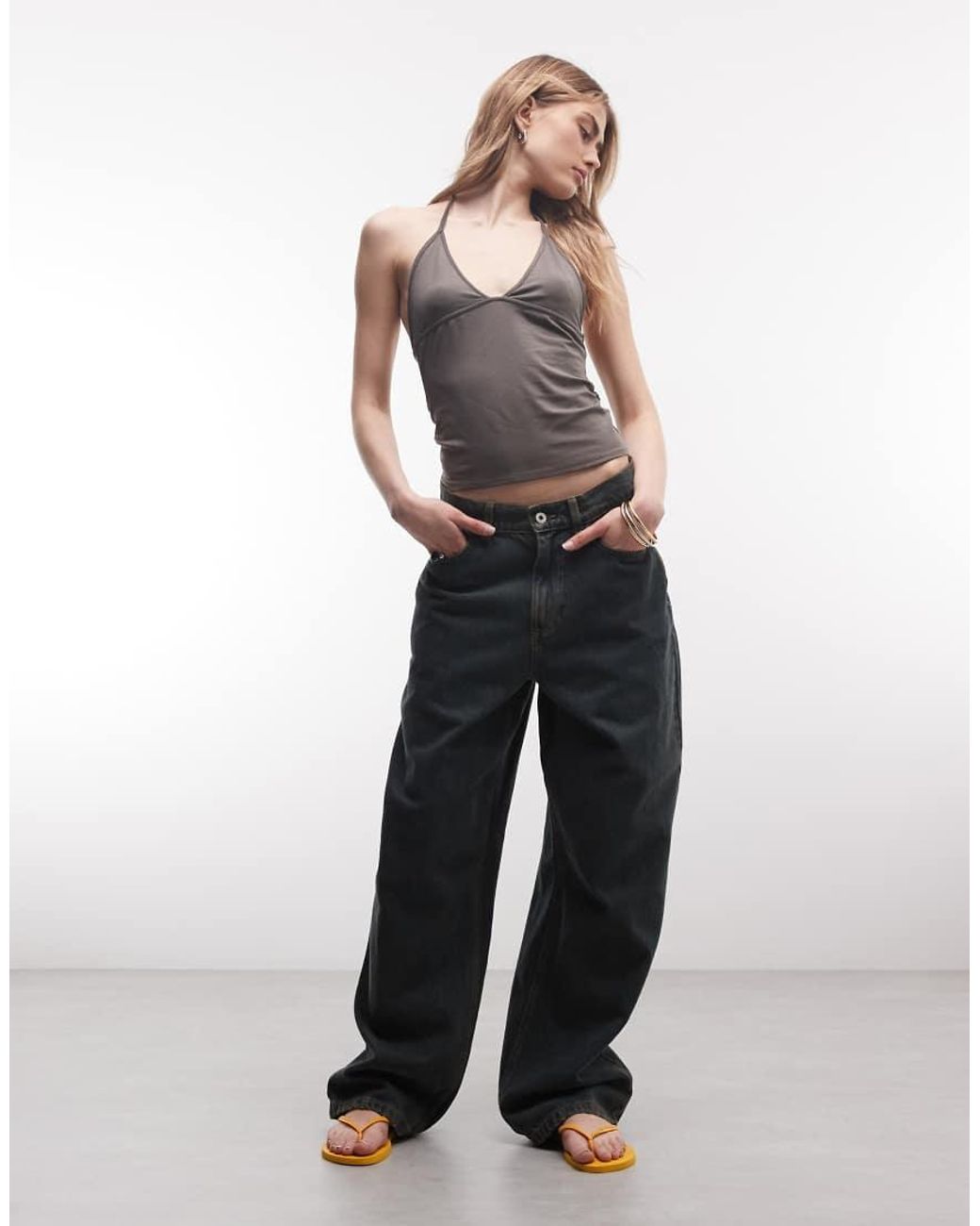 Weekday Brown Slim Strap V Neck Halter Top