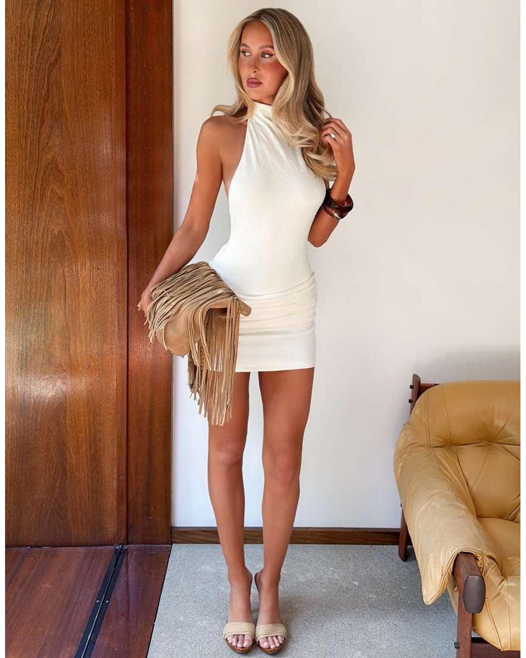 Tiger Mist White X Em Venz Caitlin High Racer Halterneck Scoop Back Ruched Waist Mini Dress
