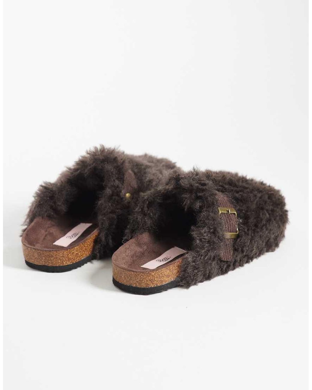 Boux Avenue Brown Fluffy Buckle Detail Mule Slippers