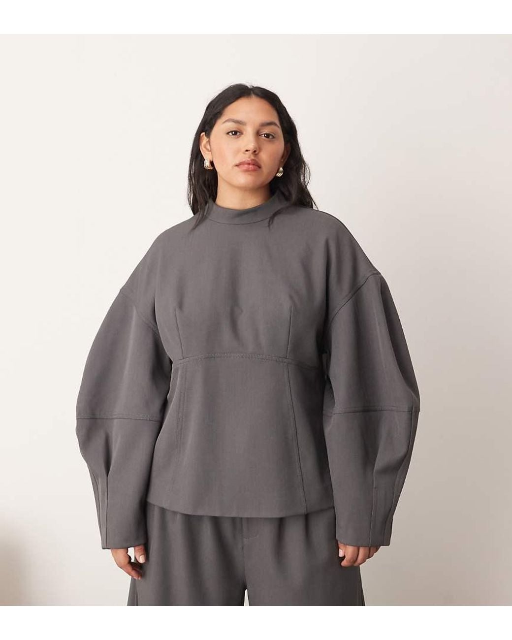 ARRANGE Gray Curve Tailored Seam Detail Sculpted Top With Ovoid Sleeve