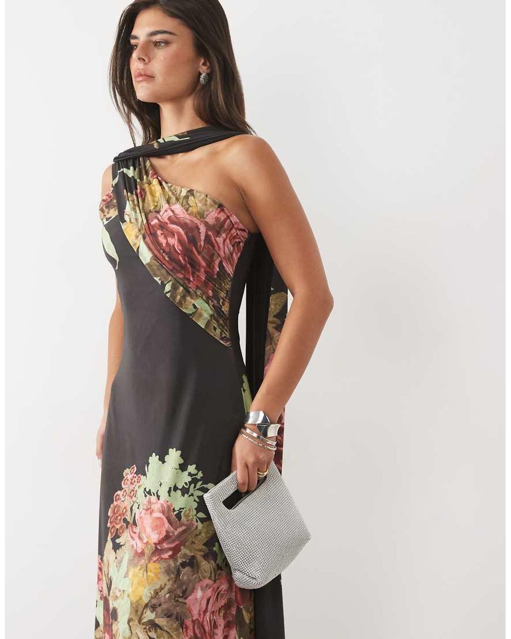 ASOS White Printed Floral Slinky Maxi Column Dress With Scarf Fringe Detail