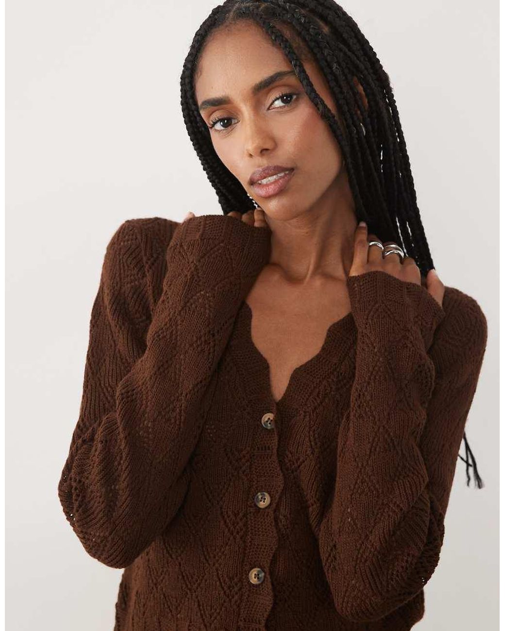 Miss Selfridge Brown Knitted Crochet V-neck Cardigan Co-ord