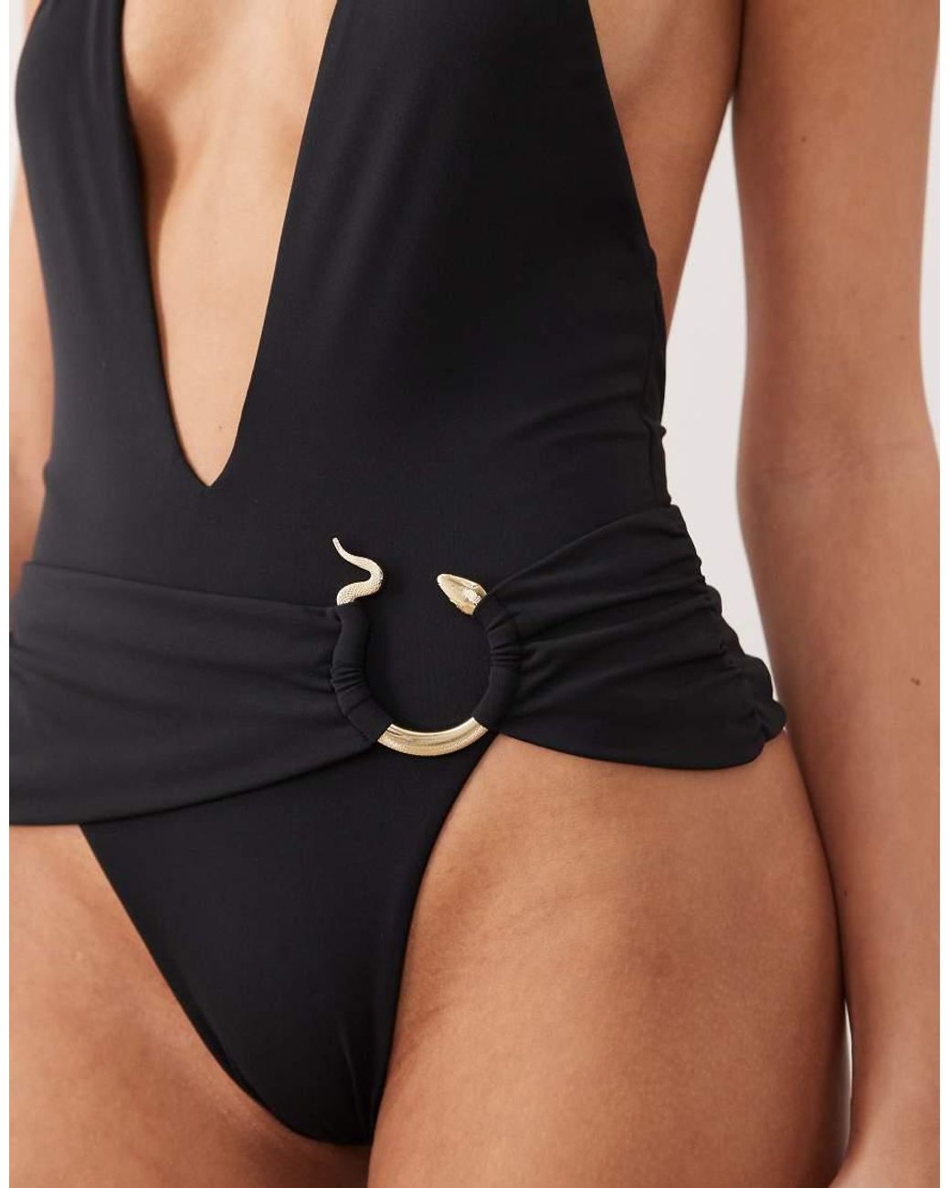 Oh Polly Black Snake Trim Plunge Halter Neck Swimsuit