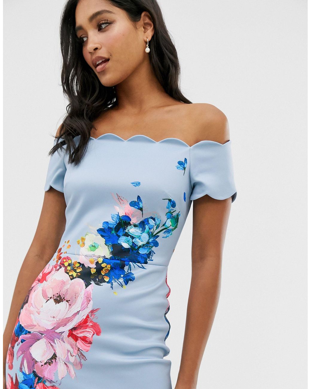 Ted Baker Raspberry Ripple Bardot Floral Off-the-shoulder Short-sleeve  Scallop Dress in Blue | Lyst Canada